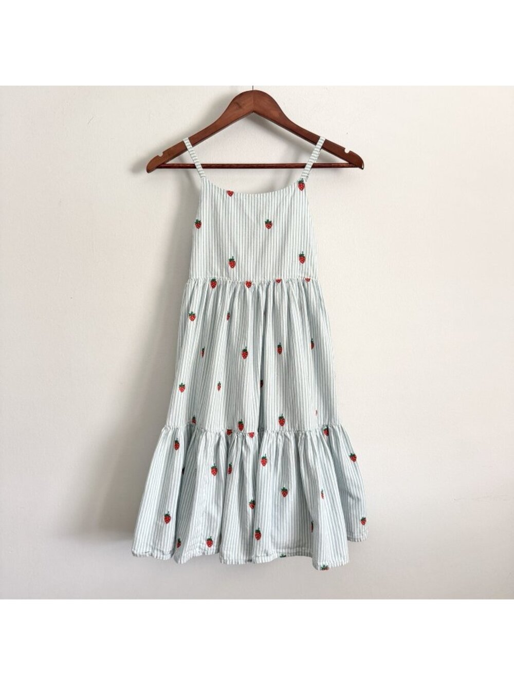 Mini Boden Blue Striped Sleeveless Strawberry Embroidered Tiered Dress Girl 9-10